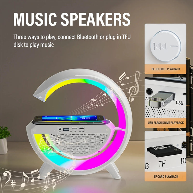 5 in 1 Wireless Charger With Lamp & Digital Clock Bluetooth Speaker