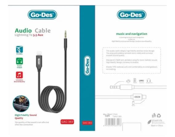 Go-Des iPhone AUX Cable - Lightning To 3.5mm AUX Audio Cable - 1 meter length GAC363