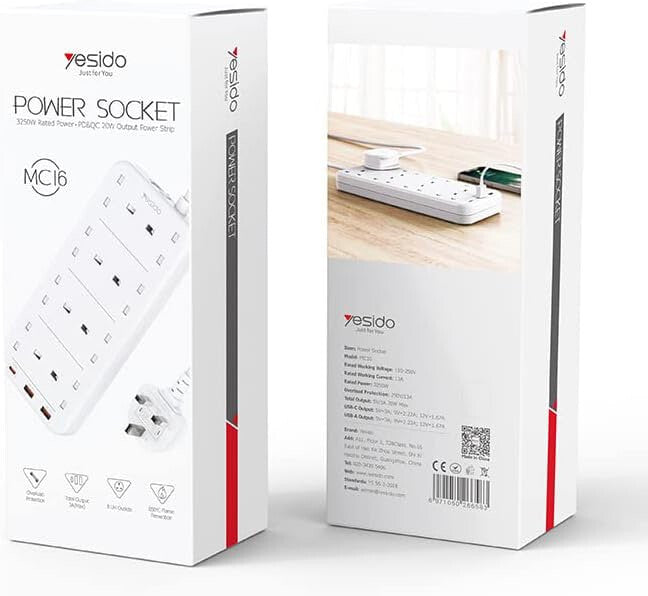 Yesido MC-16 8 Plugs + PD 20W+2 QC3.0 Ports 3250W High Power Fast Charging Socket(UK Plug)