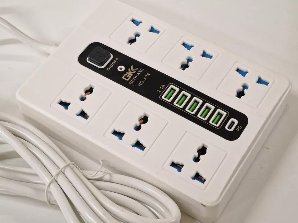 GKK 2m USB Extension Socket, 2500W Power Strip with 6 Universal Surge Protector, 2.1A PD Port with 3 5V/3.1A Five USB Ports