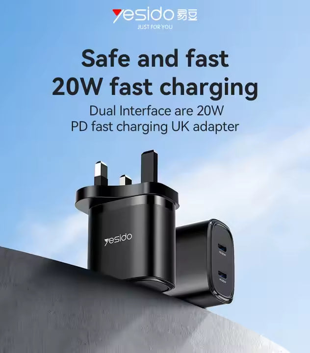 YESIDO YC53 20W UK Plug Charging Adapter Wall Charger with Type-C to iP Cable - Black