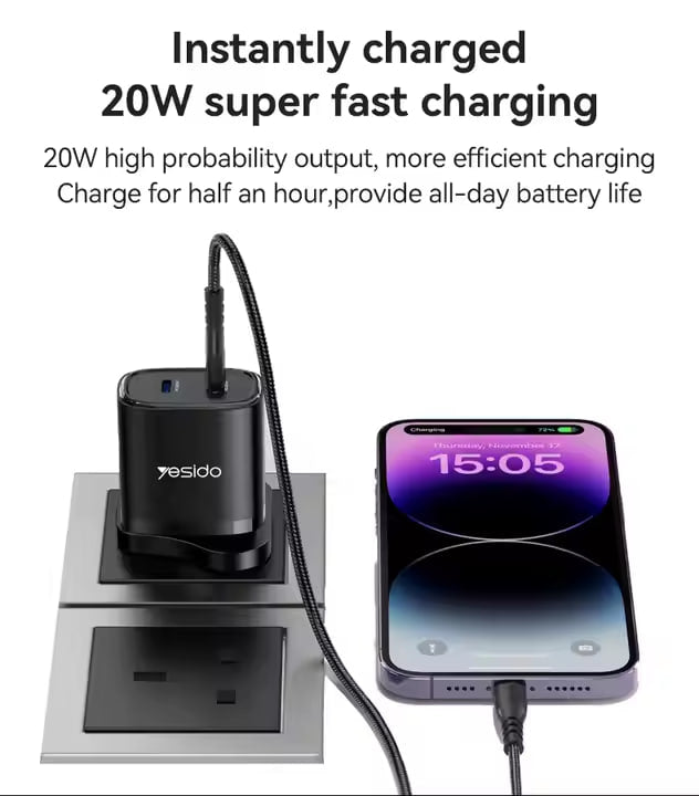 YESIDO YC53 20W UK Plug Charging Adapter Wall Charger with Type-C to iP Cable - Black