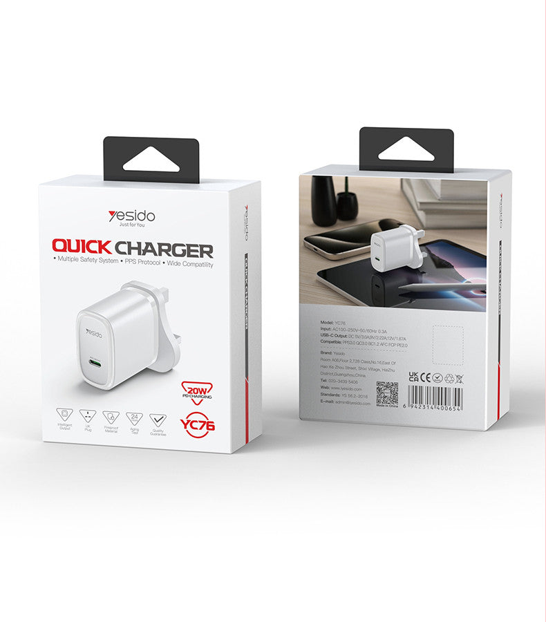 Yesido Quick Charger PD 20W USB Type C Single Port Charger YC76 White