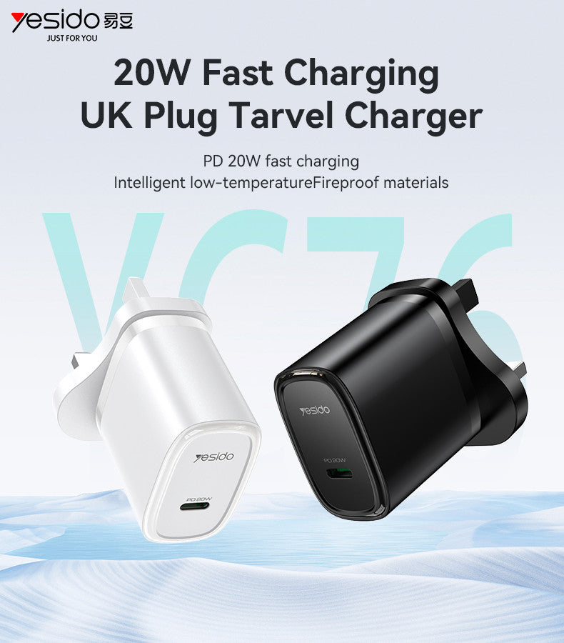 Yesido YC76B PD 20W USB-C / Type-C Single Port Quick Charger, UK Plug (Black)