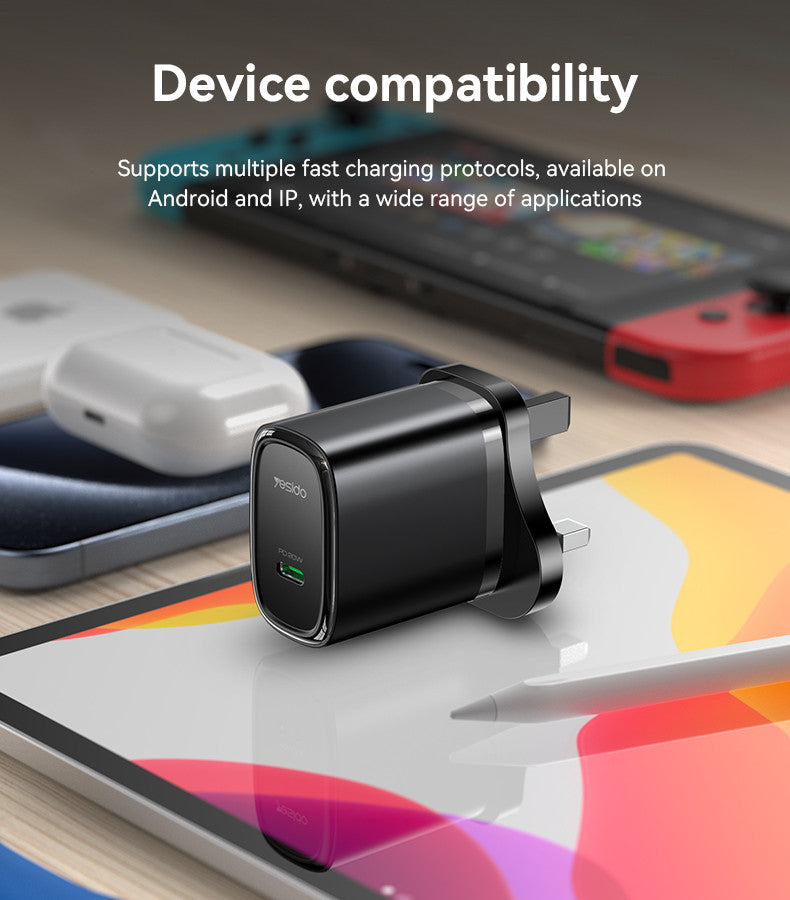 Yesido YC76BC Adaptors, PD 20W, USB-C, Type-C Port Quick Charger with Type-C to Type-C Cable, UK Plug, Built-in Smart Chip, Automatically Adjusts the Current, and Trickle Charging, Black