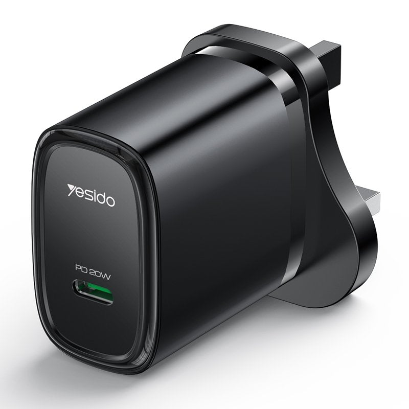 Yesido YC76BL PD 20W USB-C / Type-C Port Quick Charger with Type-C to 8 Pin Cable, UK Plug (Black)