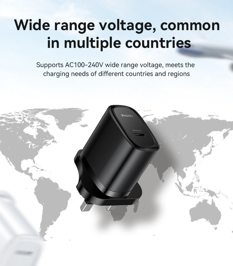 Yesido YC76B PD 20W USB-C / Type-C Single Port Quick Charger, UK Plug (Black)