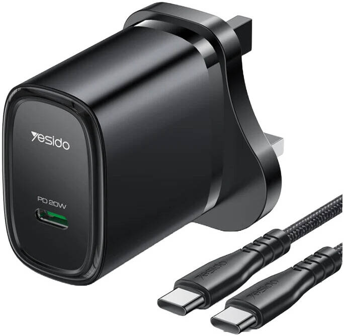 Yesido YC76BC Adaptors, PD 20W, USB-C, Type-C Port Quick Charger with Type-C to Type-C Cable, UK Plug, Built-in Smart Chip, Automatically Adjusts the Current, and Trickle Charging, Black