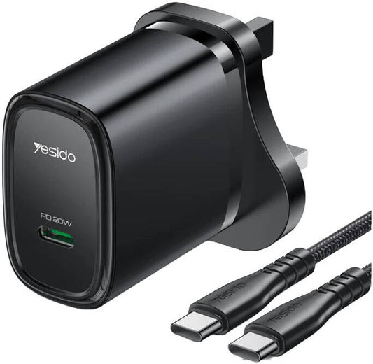 Yesido YC76BC Adaptors, PD 20W, USB-C, Type-C Port Quick Charger with Type-C to Type-C Cable, UK Plug, Built-in Smart Chip, Automatically Adjusts the Current, and Trickle Charging, Black