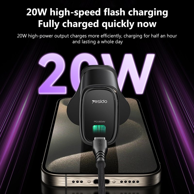 Yesido YC76BC Adaptors, PD 20W, USB-C, Type-C Port Quick Charger with Type-C to Type-C Cable, UK Plug, Built-in Smart Chip, Automatically Adjusts the Current, and Trickle Charging, Black