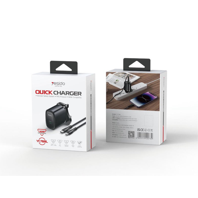 Yesido YC76BL PD 20W USB-C / Type-C Port Quick Charger with Type-C to 8 Pin Cable, UK Plug (Black)