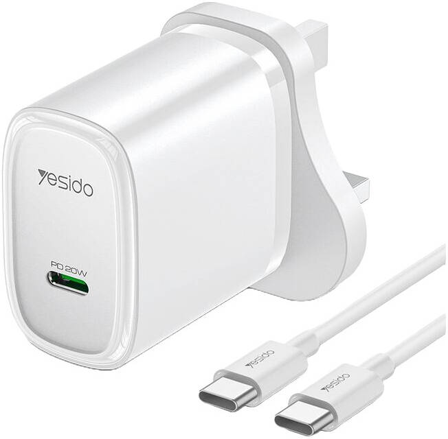 Yesido YC76C PD 20W USB-C / Type-C Port Quick Charger With Type-C To Type-C Cable, UK Plug White