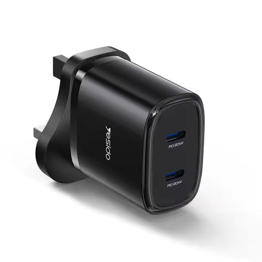 YESIDO YC53 20W UK Plug Charging Adapter Wall Charger with Type-C to iP Cable - Black