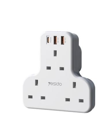 Yesido MC15 Power Extension, 4 UK Ports Extending, Splitter AC Multi-socket Smart Power Socket Hub, USB PD QC Fast Charging, 3250W Max Output, White