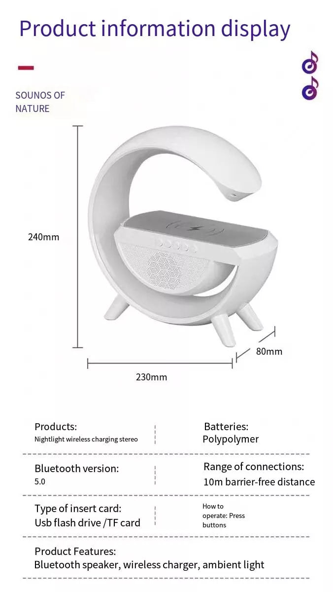 BT2301 Bluetooth LED Wireless Charging Speaker, Bluetooth Connectivity, LED Lighting, Wireless Charging, High-Quality Sound, Easy Integration, Space Optimization, White