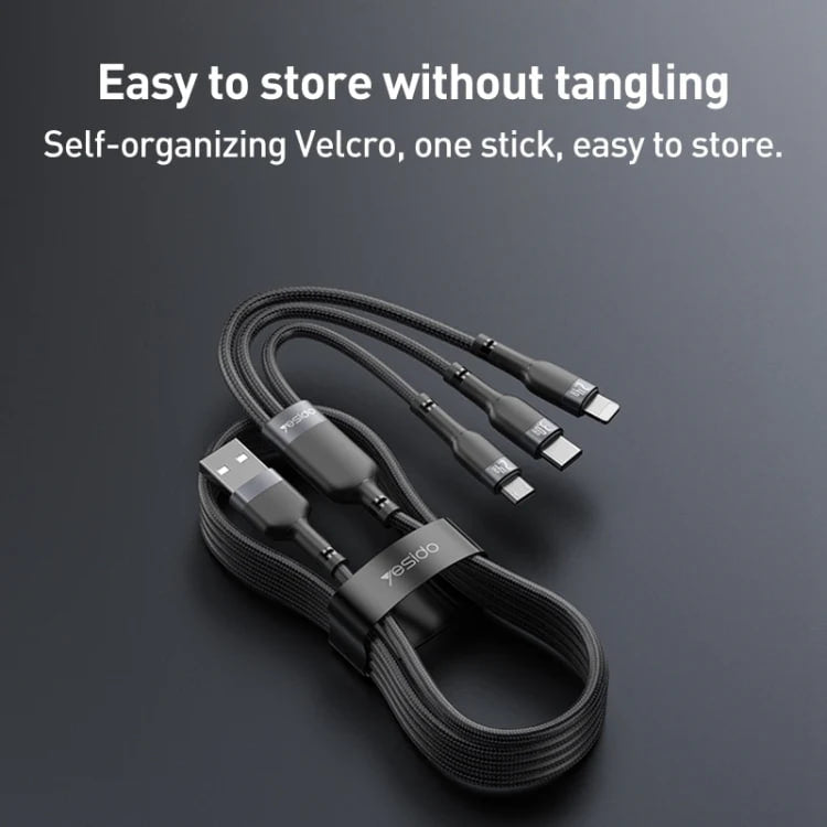 Yesido CA91 3A 3 in 1 USB to 8 Pin+USB-C/Type-C+Micro USB Aluminum Alloy Data Cable, Length 1m(Black)