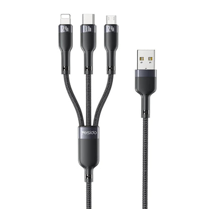 Yesido CA91 3A 3 in 1 USB to 8 Pin+USB-C/Type-C+Micro USB Aluminum Alloy Data Cable, Length 1m(Black)