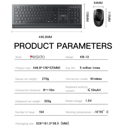 Yesido KB13 2.4G Wireless Keyboard And Mouse Set Usb Ergonomics Smart Chip Mute Keyboard Mouse Combo