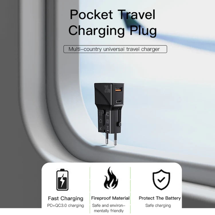 Yesido MC-17 QC3.0 + PD 20W Dual Port Global Universal Travel Charger(Black)