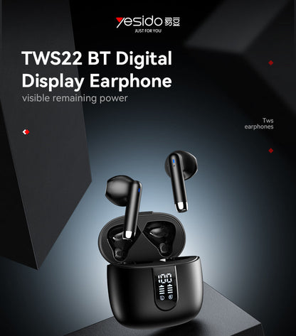 Yesido TWS22 Bluetooth 5.3 LED Digital Display TWS Wireless Bluetooth Earphone (Black)