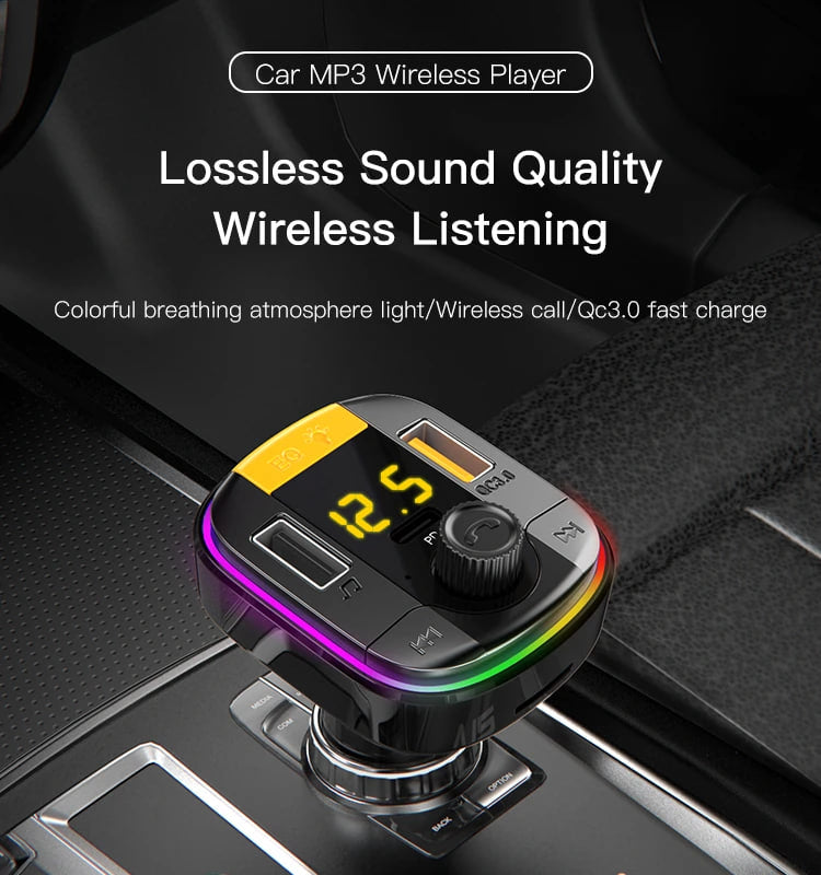 Y45 Bluetooth 5.0 Wireless FM Transmitter PD+QC 3.0 Dual USB Car Charger With Colorful Light