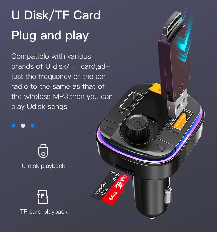 Y45 Bluetooth 5.0 Wireless FM Transmitter PD+QC 3.0 Dual USB Car Charger With Colorful Light