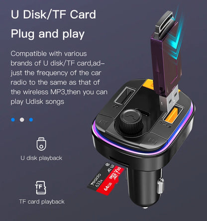 Y45 Bluetooth 5.0 Wireless FM Transmitter PD+QC 3.0 Dual USB Car Charger With Colorful Light