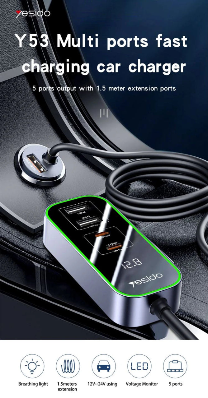 Yesido Y53 QC3.0 Car Charger 97W Five Ports Fast Charged(Black)