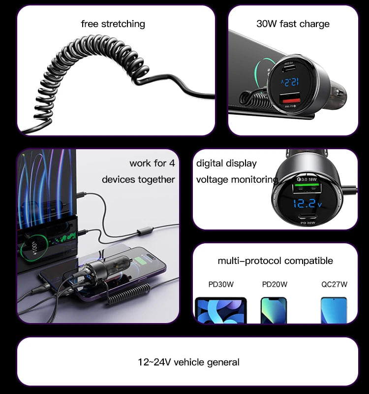 Yesido Y58 60W PD + QC3.0 Dual Port Car Fast Charger with USB-C / Type-C + 8 Pin Spring Cable