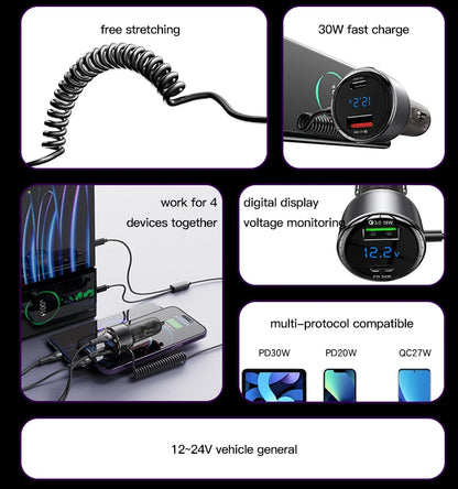 Yesido Y58 60W PD + QC3.0 Dual Port Car Fast Charger with USB-C / Type-C + 8 Pin Spring Cable