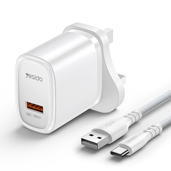 Yesido UK Charger With A To C Cable, 18W TC Output, Overspeed Fast Charge, ABS+PC Fireproof Material, AC100-250V Input, White