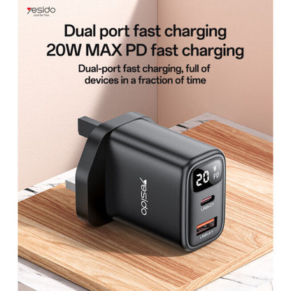 Yesido YC87 Wall Charger, PD 20W Fast Charging Dual Port , Smart Digital Display, AC100-240V, UK Digital, ABS+PC Material, Black